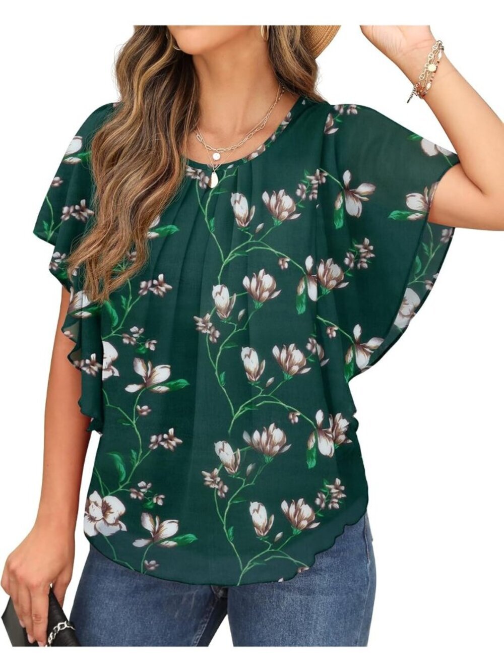 Women's Summer Casual Blouses Blackish Green Loose Round Neck Chiffon Flowy Tops